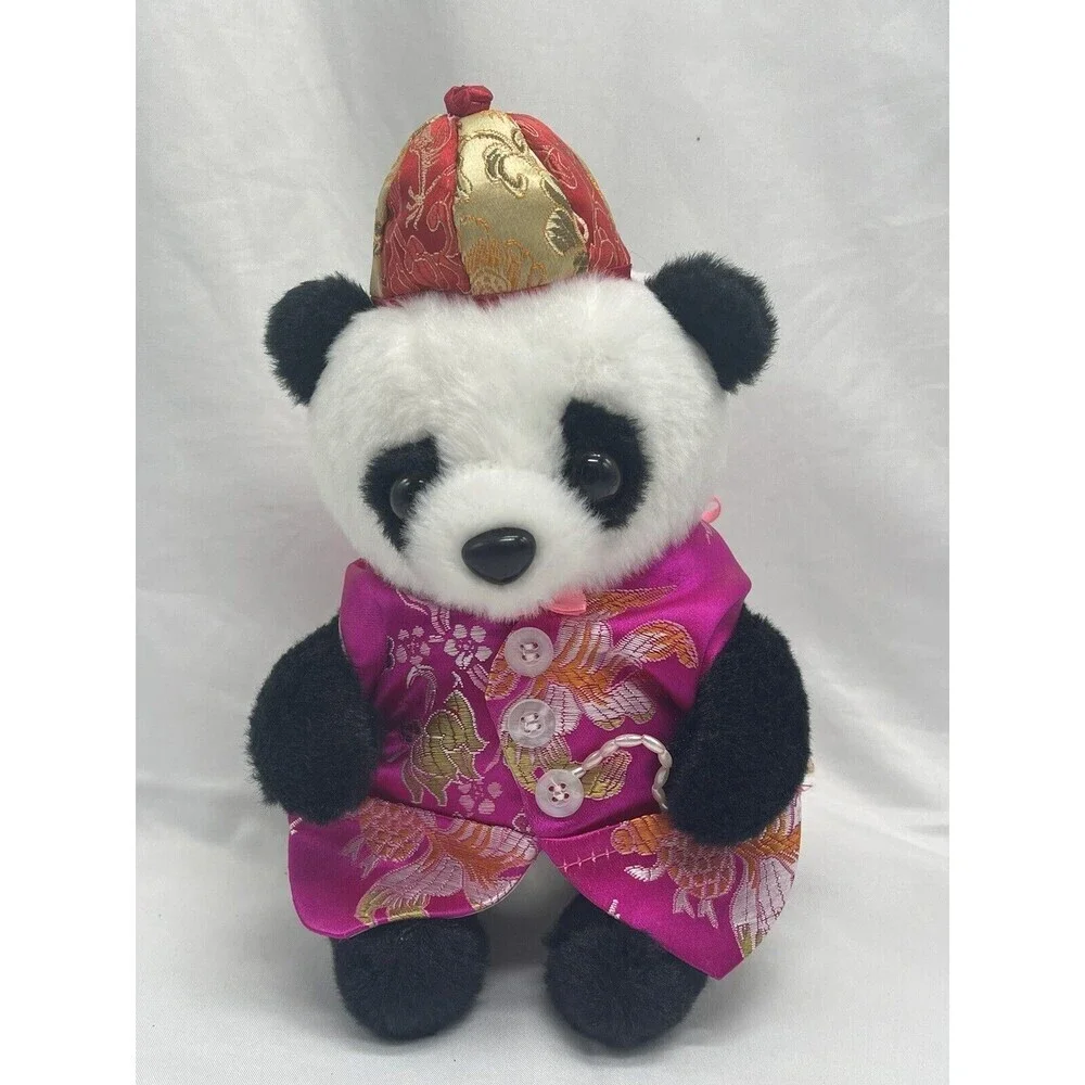 Panda Bear With Pink Tang Suit Gold Red Hat  Plush Stuffed Animal Soft Toy 7''